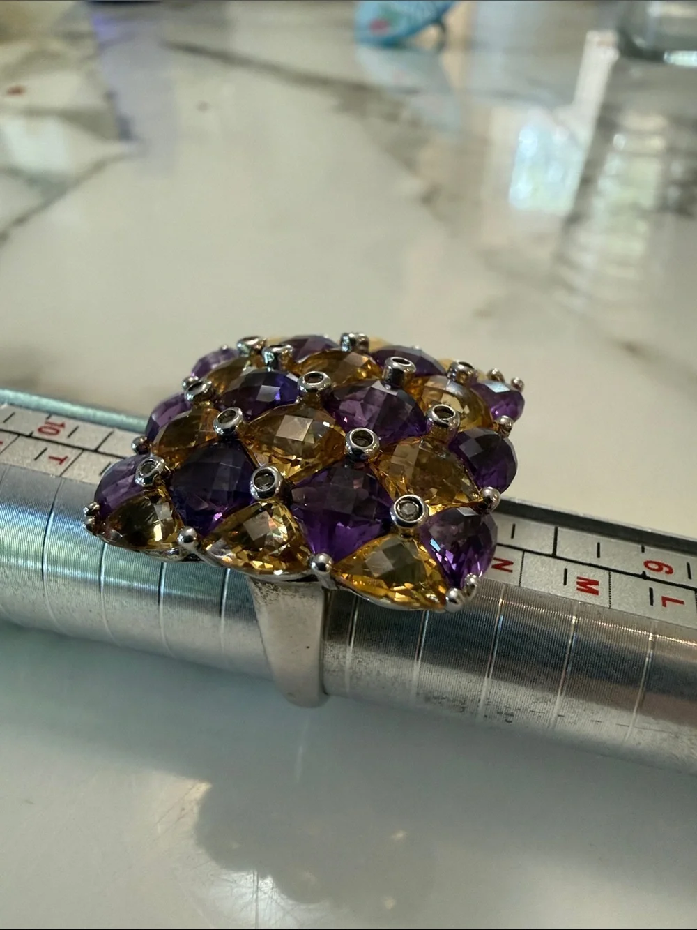 Amethyst-garnet-topaz silver checkerboard ring, size 8